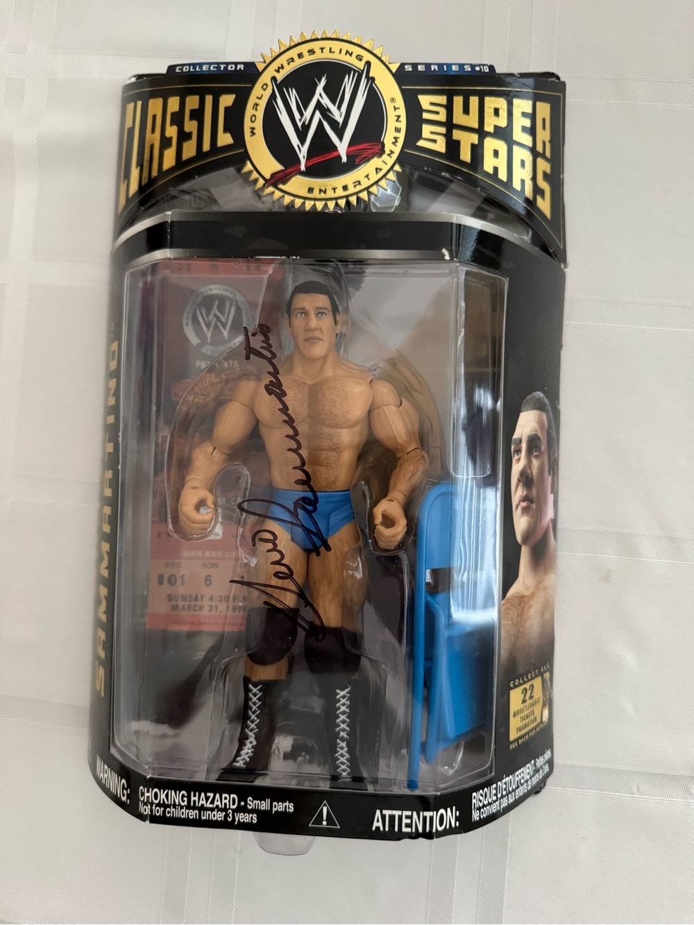 WWE Autographed Bruno Sammartino Blue Wrestling Figure & DVD